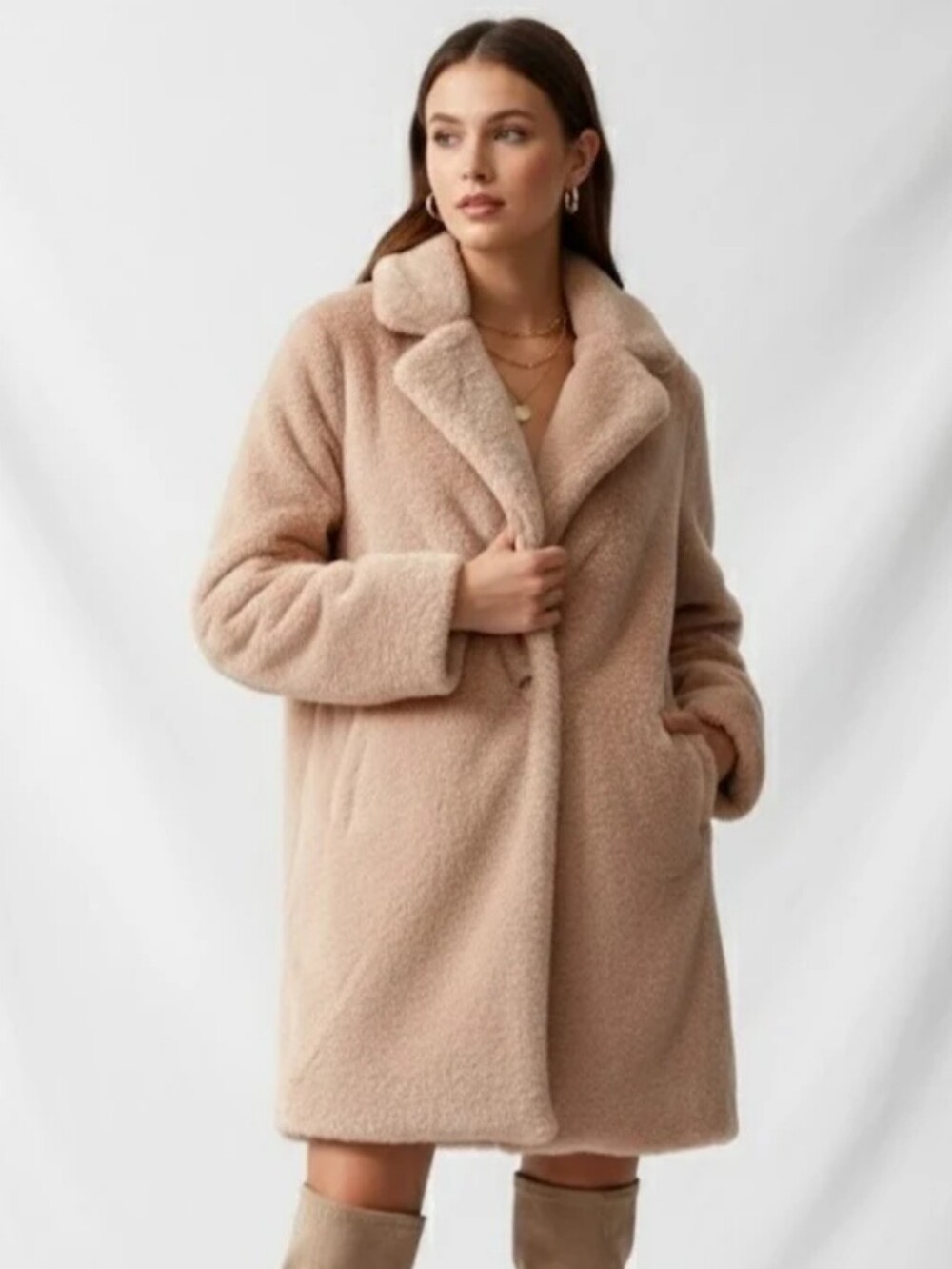 Relish NOLESS Beige Faux Fur Teddy Coat Notch Collar Longline Jacket XS